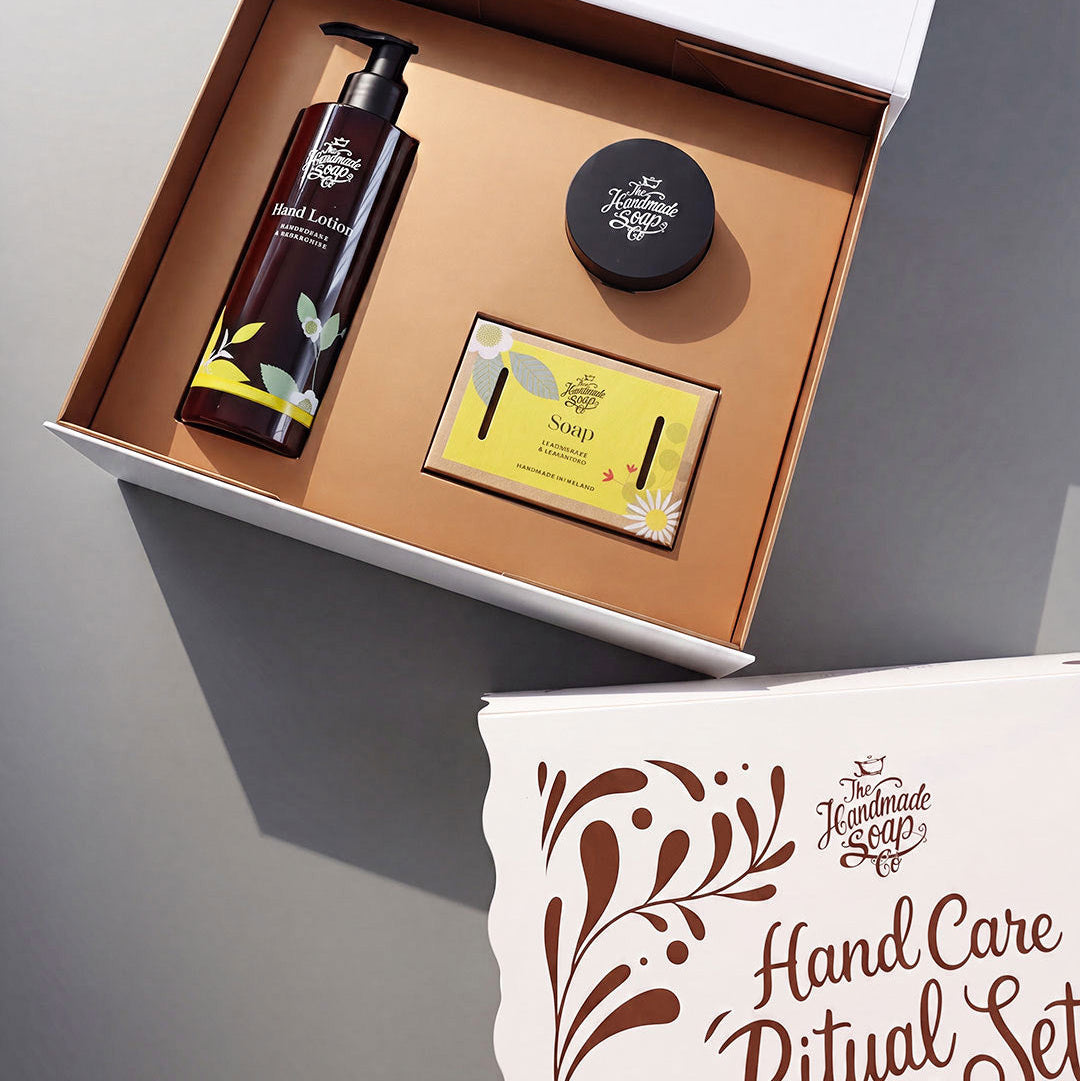 Hand Care Ritual Set with Lemongrass & Cedarwood Hand Wash, Soap and Hand Cream, presented in a Christmas gift box by The Handmade Soap Company.