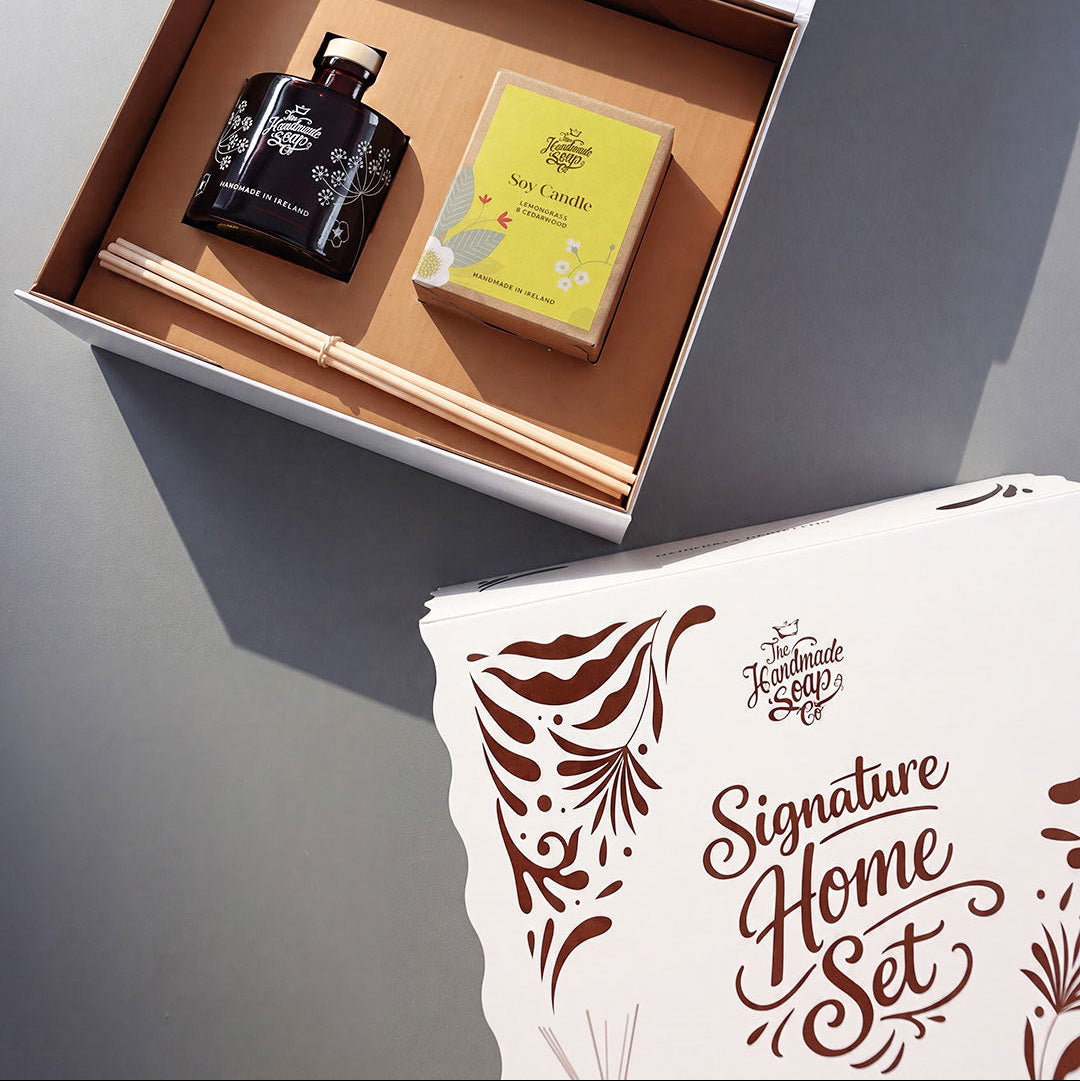 Signature Home Set with Lemongrass & Cedarwood Candle and Diffuser, presented in a Christmas gift box by The Handmade Soap Company.