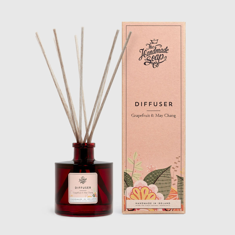 Handmade, Natural, Vegan and Cruelty Free Reed Diffuser. Scented with essential oils from Grapefruit & May Chang. Presented in an apothecary glass jar and a Gift Box.