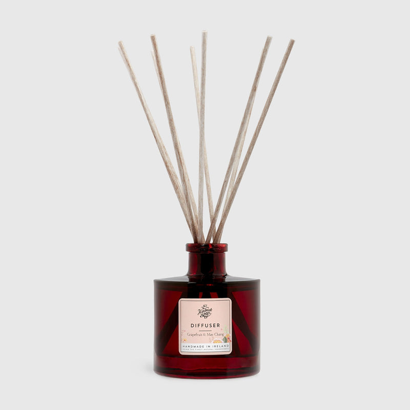 Handmade, Natural, Vegan and Cruelty Free Reed Diffuser. Scented with essential oils from Grapefruit & May Chang. Presented in an apothecary glass jar and a Gift Box.