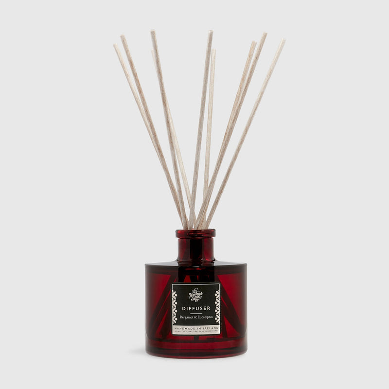 Handmade, Natural, Vegan and Cruelty Free Essential Oil Reed Diffuser. Scented with extracts of Bergamot and Eucalyptus. Presented in a glass bottle and Gift Box.